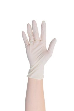 Beyaz arka plana izole edilmiş tıbbi lateks eldiven, sağlık hizmetleri konsepti, tıbbi koruma ve steril güvenlik.