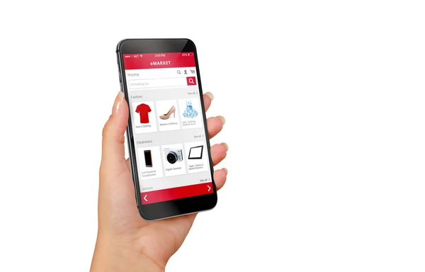 Smart telefon online shopping i kvinna hand isolerade — Stockfoto