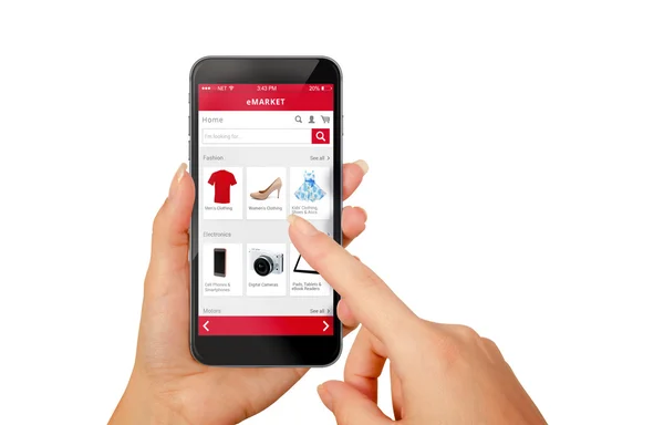 Smart telefon online shopping i kvinna hand isolerade — Stockfoto