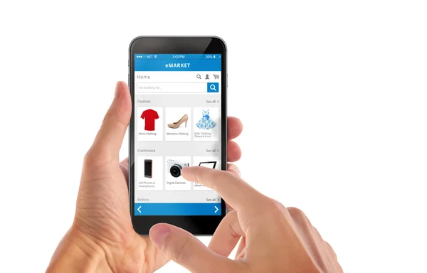Смартфон онлайн покупки в руці людини ізольовані — стокове фото