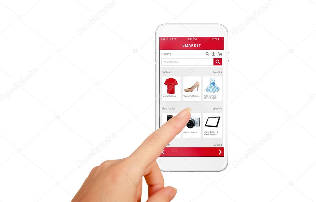 Smart phone online shopping in woman hand isolated