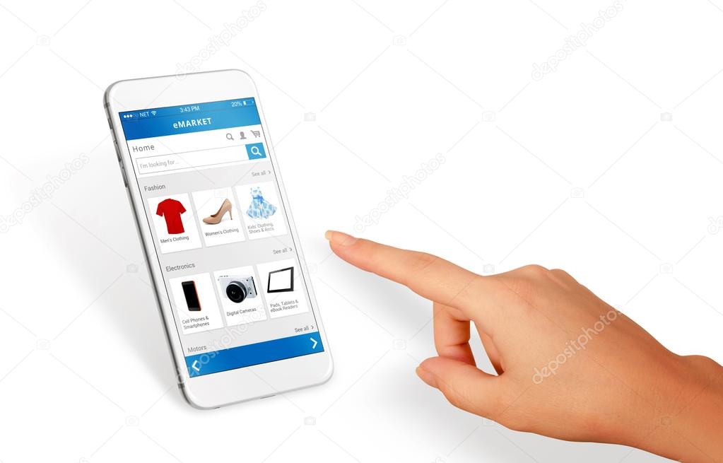 Smart phone online shopping in woman hand isolated