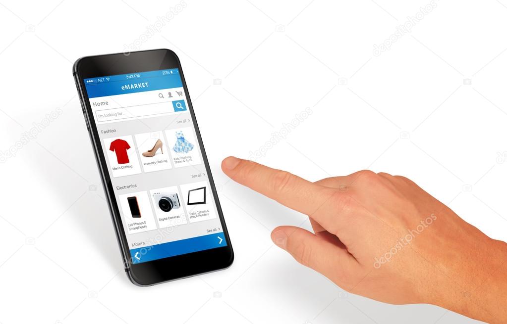 Smart phone online shopping in man hand isolated