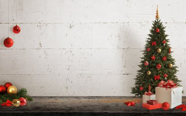Ağaç ve süslemeleri, ışıklar, süs eşyaları, toplar, hediyeler ile Noel sahne