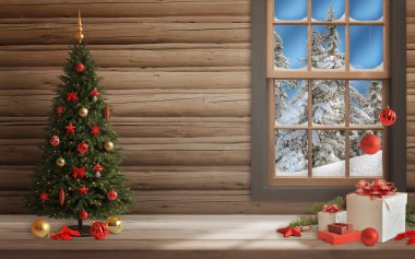 Ağaç ve süslemeleri, ışıklar, süs eşyaları, toplar, hediyeler ile Noel sahne