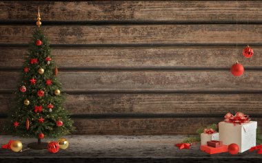Ağaç ve süslemeleri, ışıklar, süs eşyaları, toplar, hediyeler ile Noel sahne