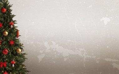 Süslemeleri ile Noel ağacı. Masa ve duvar boş alan arka planda.