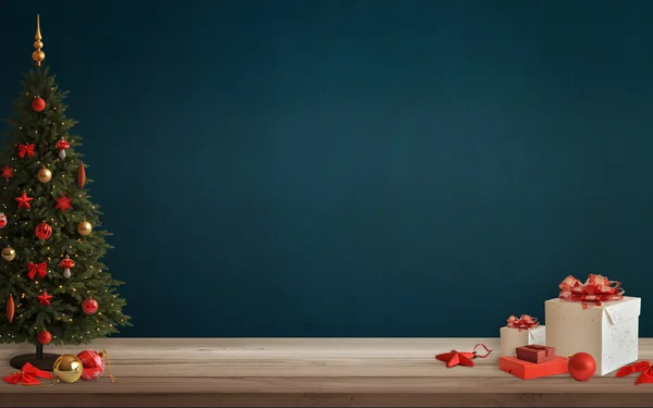 Escena navideña con árbol y decoraciones, luces, adornos, bolas, regalos — Foto de Stock