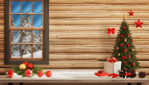 Christmas scene with tree and decorations, lights, ornaments, balls, gifts. Wooden wall and window in background. — Zdjęcie stockowe