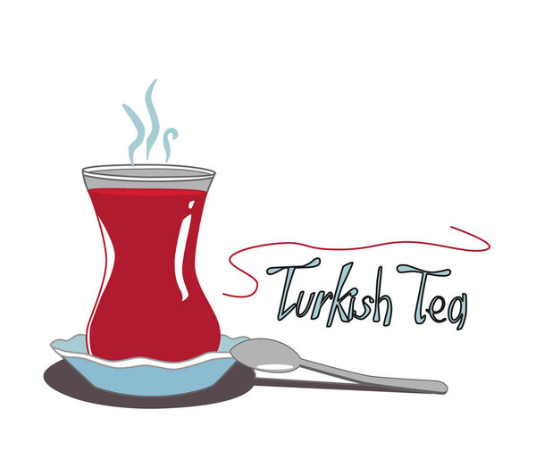 A glass of traditional Turkish tea on a saucer with a spoon and an inscription. Vector illustration isolated on a white background.