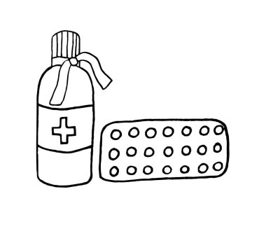  Kabarcık ve öksürük şurubundaki haplar, karalama şeklinde elle çizilmiş vektör çizimi. Çizgi film elemanı. Beyaz bir arkaplanda izole edilmiş.