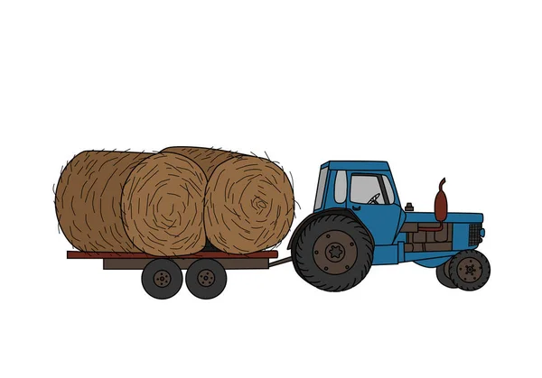トレーラー 干し草やわらの収穫と農業トラクター 農村部の車両のベクトル図 カラーアイコン — ストックベクタ