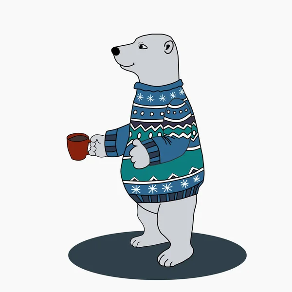 Vektor Illustration Isbjörn Blå Jul Tröja Och Hålla Kopp Kaffe — Stock vektor