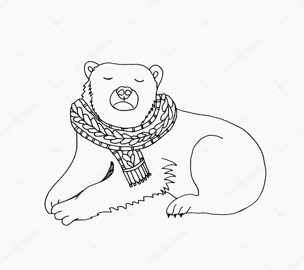 Hand drawn vector funny polar bear in winter scarf. Contour drawing is suitable for coloring, T-shirt logo, greeting card, poster, invitation or printed design.