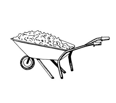  Dolu bahçe arabası, çizilmiş el arabası ikonu karalama tarzında. Beyaz arkaplanda izole edilmiş baskı, web, mobil ve bilgi grafikleri için bir el arabası çiziminin vektör çizimi.