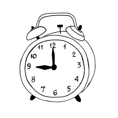  Karalama stili tuşlu bir çalar saat. Beyaz arka planda siyah bir taslak. Vektör illüstrasyonu.