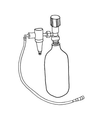 Oksijen veya azot oksit ve hortumla dolu bir tıbbi silindir. Doğrusal gaz silindiri simgesi, çizim vektörü çizimi. Tedavi için tıbbi ekipman, solunum desteği, anestezi.