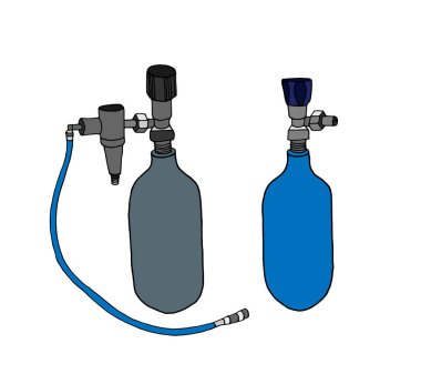Tıbbi silindirler mavi, gri renkli oksijen ve azot oksit. Renkli doğrusal gaz silindiri simgesi, kontur vektör çizimi. Tedavi için tıbbi ekipman, solunum desteği, anestezi.
