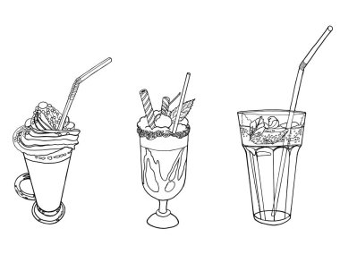 Bir dizi meşrubat ve milkshake. Bir wh üzerinde vektör illüstrasyonu