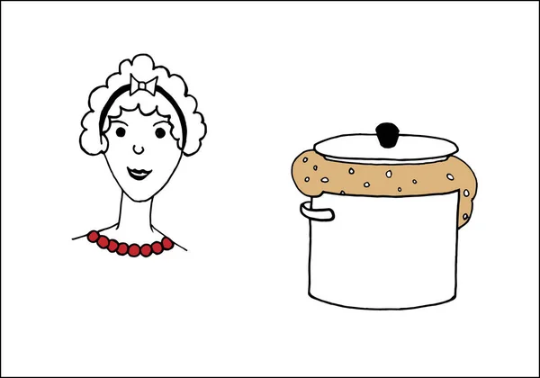 Pot Yeast Dough Face Woman Housewife Isolated White Background Flat — Archivo Imágenes Vectoriales