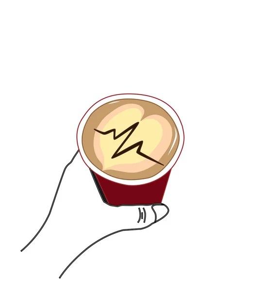 テイクアウト用のコーヒーマグカップを持った手のベクトルイラスト カプチーノの時間だ コーヒー泡のラテアートドローイング コーヒー中毒の概念 — ストックベクタ