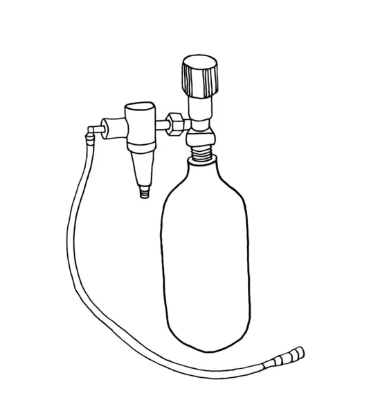 氧气筒带有氧气或一氧化二氮和软管的医用气缸线性气缸图标 等高线矢量图解 用于治疗 呼吸缓解 麻醉的医疗设备 — 图库矢量图片