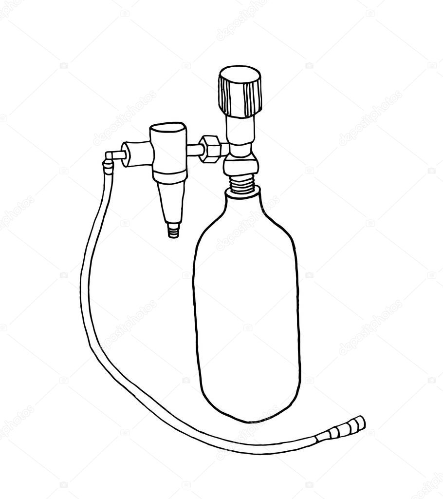 A medical cylinder with oxygen or nitrous oxide and a hose. Linear gas cylinder icon, contour vector illustration. Medical equipment for treatment, respiratory relief, anesthesia.