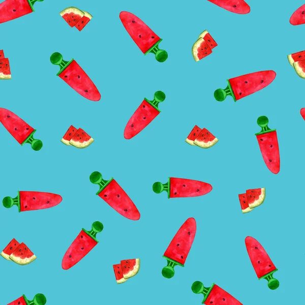 Naadloze Zomer Patroon Van Ijs Watermeloen Plakjes Een Blauwe Achtergrond — Stockfoto
