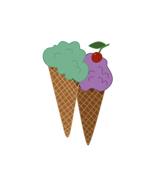 Two Cones Green Pink Ice Cream Pistachio Cherry Cold Dessert — Stock Vector