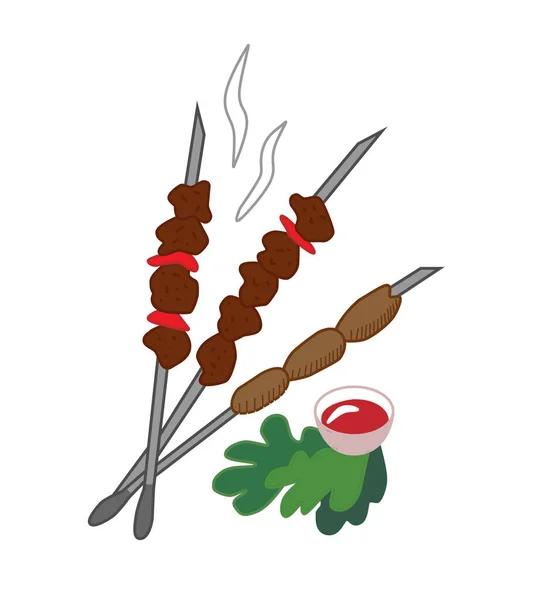 Juego Carnes Parrilla Pinchos Salsa Hierbas Una Tradicional — Vector de stock