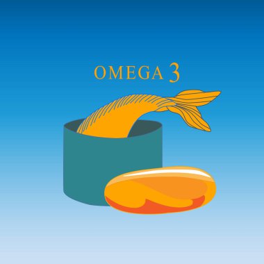 Omega-3 'ün vektör logosu, balık yağı. Sarı kapsül. 