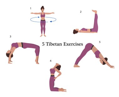 Bir kadın yoga egzersizleri yapıyor. Tibet jimnastik kompleksi.