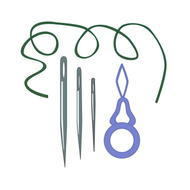 Bir dizi dikiş aksesuarı, manuel iplik. İğneye iplik geçirmek için bir alet. Vektör simgesi.