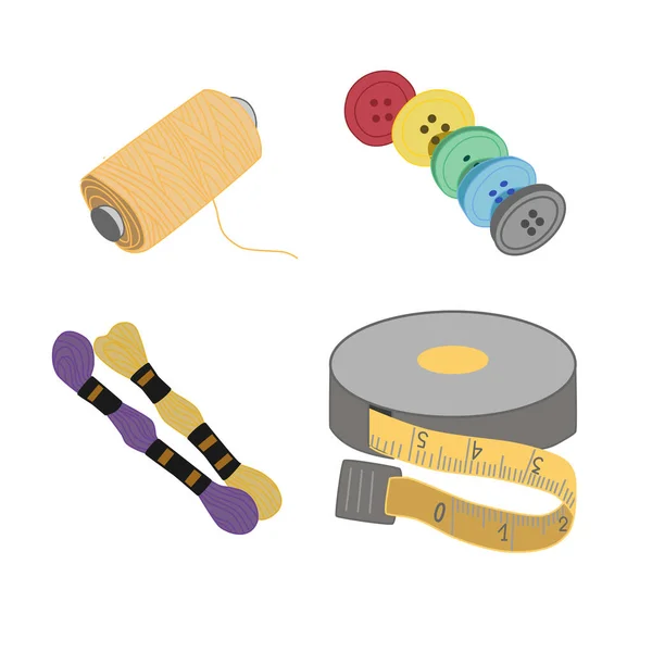 Set Equipment Needlework Simple Tools Spool Thread Centimeter Buttons Floss — ストックベクタ