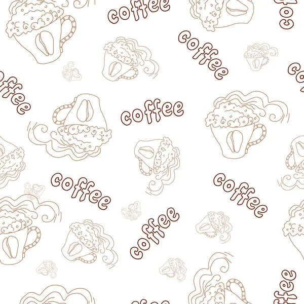 Handgezeichnete Nahtlose Muster Von Kaffeetassen Und Kaffee Etiketten Auf Weißem — Stockfoto