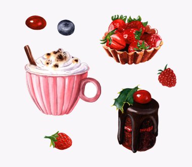 Beyaz arka planda çilek ve ökseotuyla süslenmiş kapuçino ve mini kek seti. Tatlının suluboya çizimi.