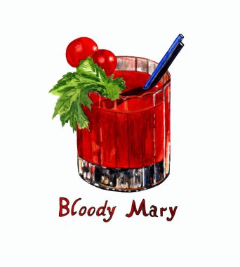 A hand-drawn watercolor illustration of a Bloody Mary cocktail with the inscription isolated on a white background