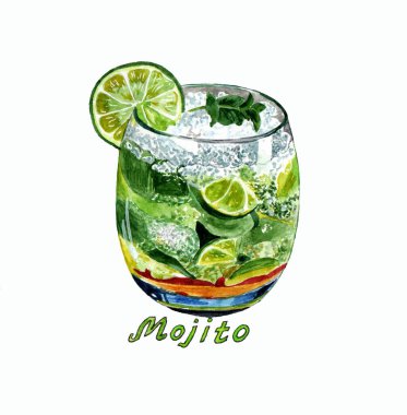 Classic alcoholic Mojito cocktail, watercolor illustration on a white background