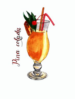 Bright alcoholic cocktail Pina colada, isolated watercolor illustration on a white background with the inscription.