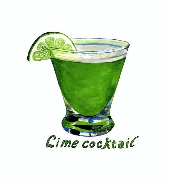 Green Alcoholic Cocktail Low Glass Decorated Lime Isolated White Background — ストック写真