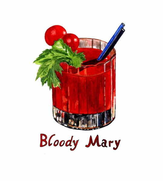 Hand Drawn Watercolor Illustration Bloody Mary Cocktail Inscription Isolated White — Foto de Stock