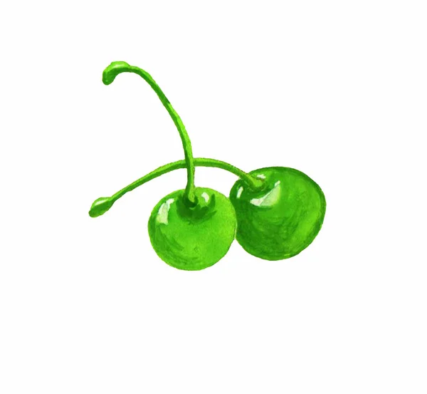 Two Isolated Watercolor Cherries White Background Decorative Green Color — ストック写真