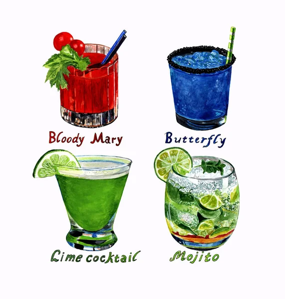 Set Aquarell Cocktails Vorhanden Beliebte Alkoholische Getränke Auf Weißem Hintergrund — Stockfoto