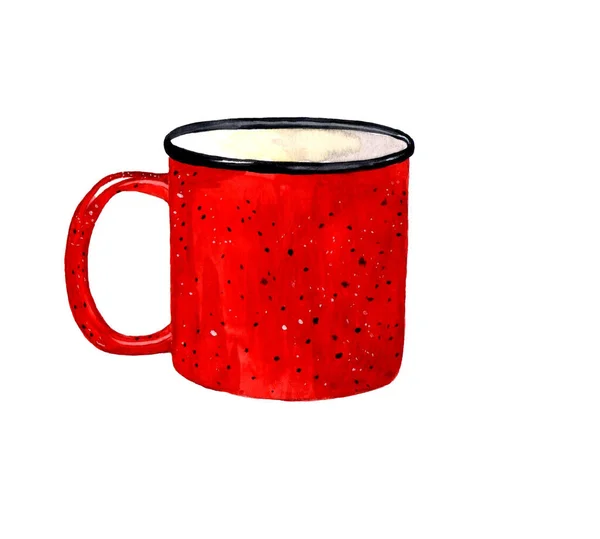 Red Watercolor Enamel Mug Isolated White Background Retro Vintage Style — ストック写真