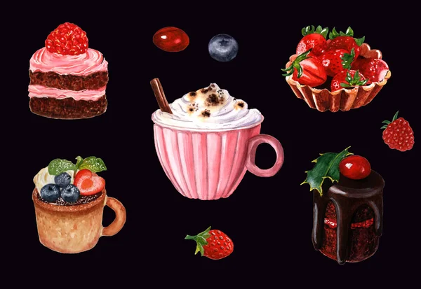 Set Cappuccino Mini Cakes Black Background Watercolor Illustration Desserts Decorating — Stock Photo, Image