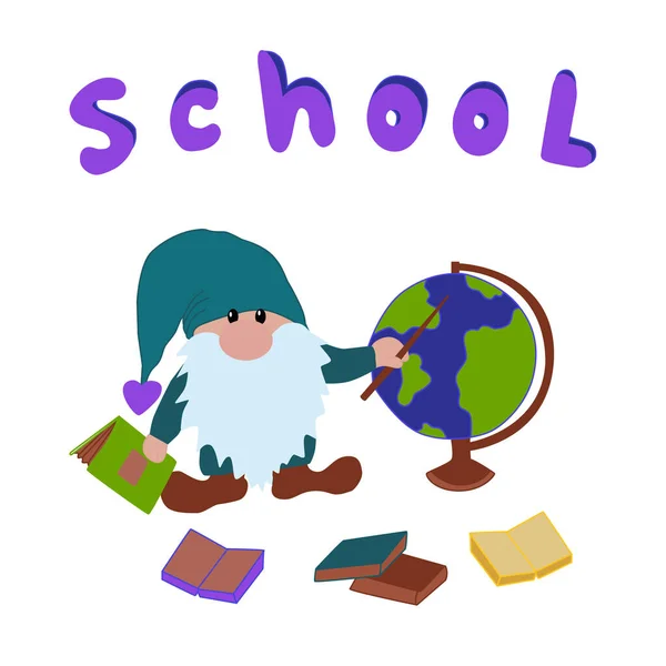 School Gnome Engaged Geography Lesson Globe Back School Vector Cartoon — Vector de stock