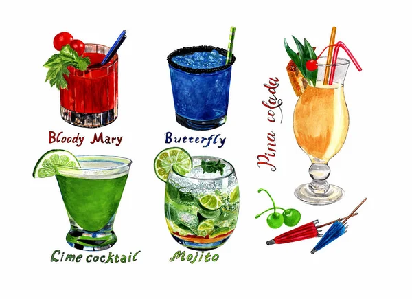 Eine Reihe Beliebter Cocktails Mojito Blutmaria Pina Colada Schmetterling Limette — Stockfoto