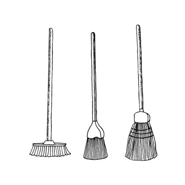 Set Three Long Brooms Sweeping Floors Black White Sketch Style — Stock Vector