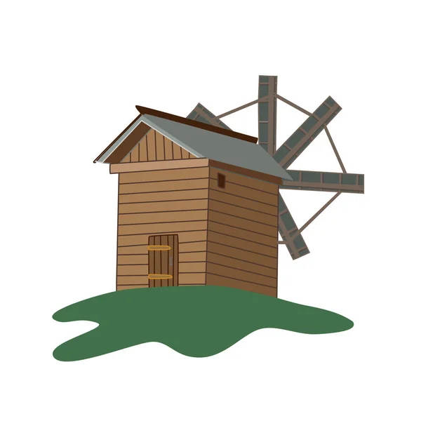 白い背景に孤立した古い木製の風車のアイコン 手描きベクトルイラスト レトロなスタイル — ストックベクタ