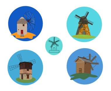 Kırsal arazinin ve tarımsal aksesuarların sembolü olarak bir dizi yel değirmeni. Yuvarlak simge, tarım logosu, fırın.